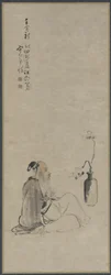 Alter Mann, der auf Magnolienzweige in einer Vase blickt, Qing-Dynastie, 1722
